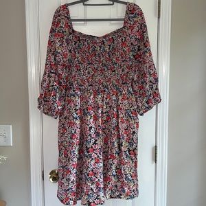 Smocked Bodice Fit and Flare 3/4 Bubble Sleeve Midi Dress